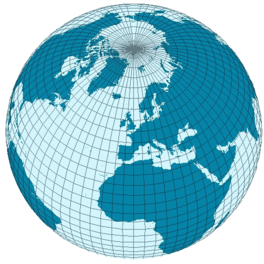 Landhalbkugel vom Nordpol aus(53 % Wasser; 47 % Land)