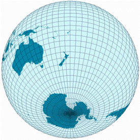 Wasserhalbkugel vom Südpol aus(89 % Wasser; 11 % Land)