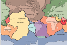 Weltkarte mit vereinfachter Darstellung der Lithosphärenplatten