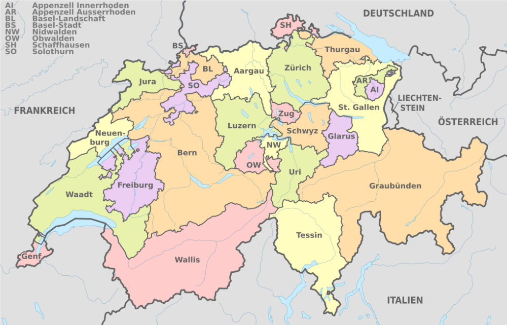 Die Kantone der Schweiz - Übersichtskarte