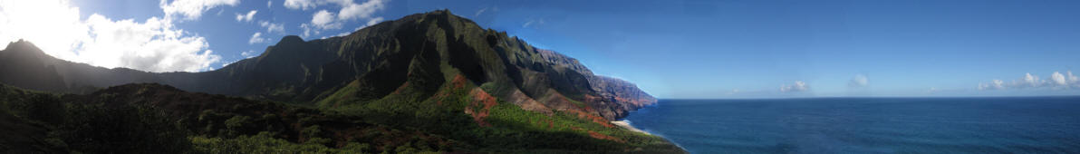 anorama of the Na Pali Coast and Kalalau Valley and beach from the Kalalau Trail