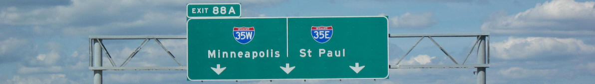 Interstate 35 northbound, approaching its split into I-35W and I-35E. Burnsville, Minnesota, USA.