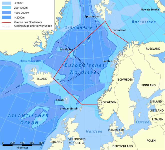 Europäisches Nordmeer mit Grenzen und Tiefenangaben