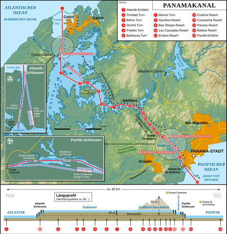 Karte vom Panamakanal mit Reliefdarstellung